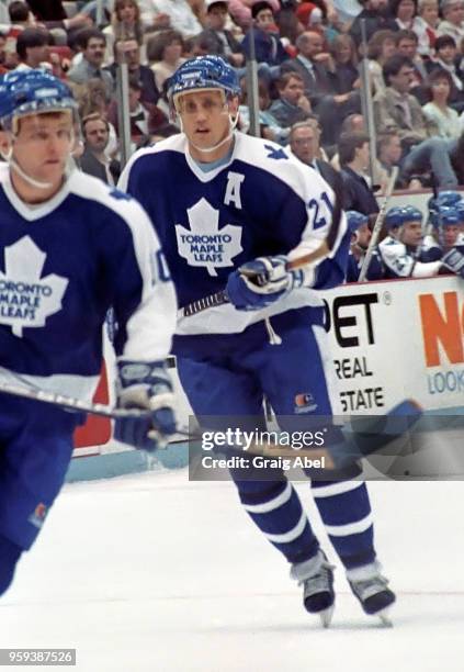 Borje Salming of the Toronto Maple Leafs skates against the Detroit Red Wings during NHL game action on March 24, 1989 at Joe Louis Arena in Detroit,...