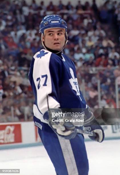 John Kordic of the Toronto Maple Leafs skates against the Detroit Red Wings during NHL game action on March 24, 1989 at Joe Louis Arena in Detroit,...