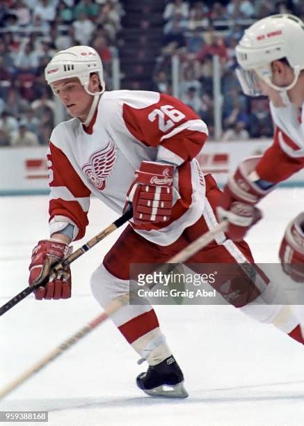 Joe Kocur of the Detroit Red Wings skates against the Toronto Maple Leafs during NHL game action on March 24, 1989 at Joe Louis Arena in Detroit,...