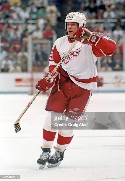 Petr Klima of the Detroit Red Wings skates against the Toronto Maple Leafs during NHL game action on March 24, 1989 at Joe Louis Arena in Detroit,...