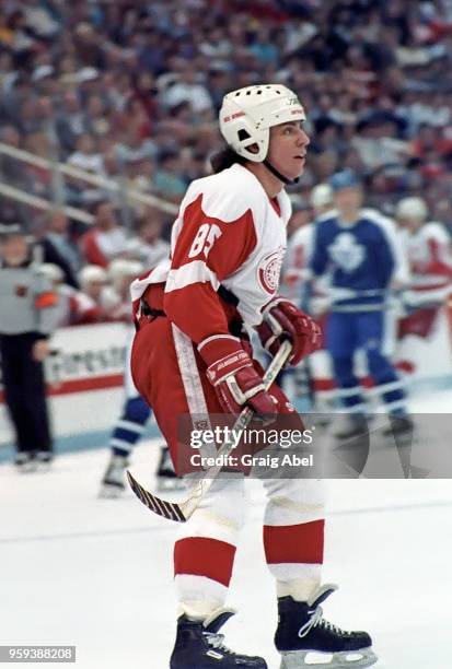 Petr Klima of the Detroit Red Wings skates against the Toronto Maple Leafs during NHL game action on March 24, 1989 at Joe Louis Arena in Detroit,...