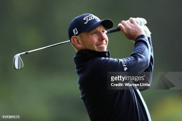 Stephen Gallacher of Scotland tees off the 12th hole during Day One of the Belgian Knockout at the Rinkven International Golf Club on May 17, 2018 in...