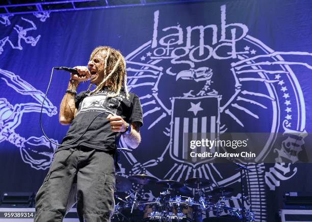 Singer Randy Blythe of band Lamb of God performs on stage during a concert opening for Slayer's final world tour at Pacific Coliseum on May 16, 2018...