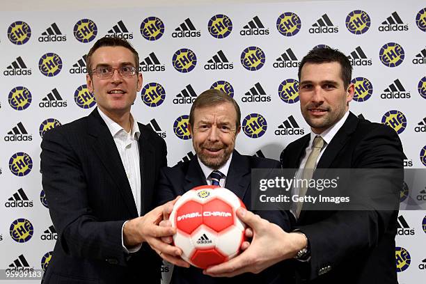 Max van den Doel , head of adidas team sport Tor Lian , president of the EHF and former player Stefan Loevgren poses during a press conference at the...