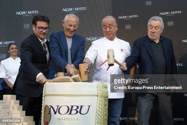 Meir Teper, Robert de Niro, chef Nobu Matsuhisa attend the opening of Nobu Hotel on May 16, 2018 in Marbella, Spain.