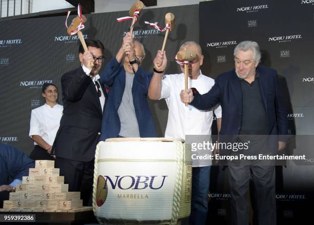 Meir Teper, Robert de Niro, chef Nobu Matsuhisa attend the opening of Nobu Hotel on May 16, 2018 in Marbella, Spain.