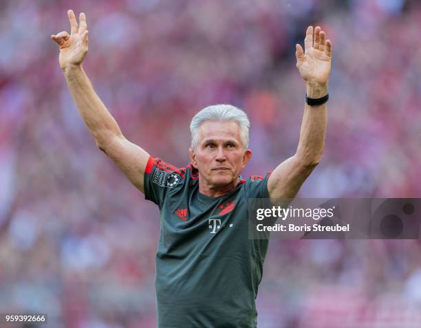 Head coach Jupp Heynckes of FC Bayern Muenchen waves to his fans during a farewell ceremony prior to the Bundesliga match between FC Bayern Muenchen...