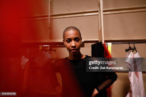 Model poses backstage ahead of the Akira show at Mercedes-Benz Fashion Week Resort 19 Collections at Carriageworks on May 17, 2018 in Sydney,...