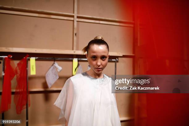 Model poses backstage ahead of the Akira show at Mercedes-Benz Fashion Week Resort 19 Collections at Carriageworks on May 17, 2018 in Sydney,...