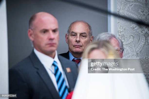 White House Chief of Staff General John Kelly watches as President Donald J. Trump talks with President of the Republic of Uzbekistan Shavkat...