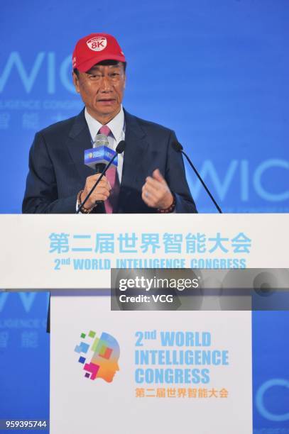 Foxconn Technology Group Chairman Terry Gou Taiming delivers a speech during the 2nd World Intelligence Congress at Tianjin Meijiang Convention and...