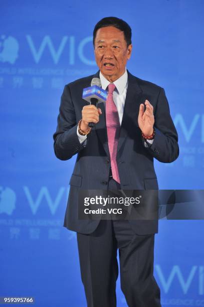 Foxconn Technology Group Chairman Terry Gou Taiming delivers a speech during the 2nd World Intelligence Congress at Tianjin Meijiang Convention and...