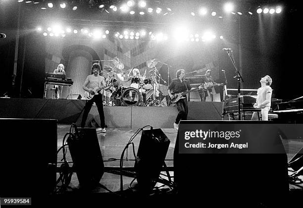 Jeff Lynne , Bev Bevan and Kelly Groucutt of Electric Light Orchestra perform on stage on their 'Time' tour on February 7th 1982 in Copenhagen,...