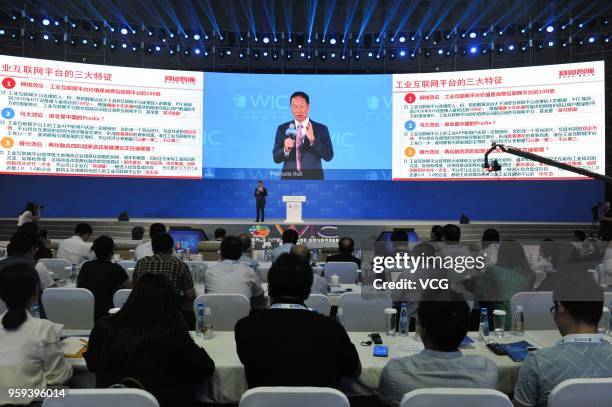 Foxconn Technology Group Chairman Terry Gou Taiming delivers a speech during the 2nd World Intelligence Congress at Tianjin Meijiang Convention and...