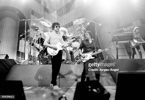 Jeff Lynne and Kelly Groucutt of Electric Light Orchestra perform on stage on their 'Time' tour on February 7th 1982 in Copenhagen, Denmark.