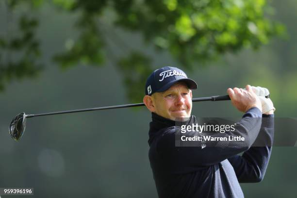 Stephen Gallacher of Scotland tees off the 16th hole during Day One of the Belgian Knockout at the Rinkven International Golf Club on May 17, 2018 in...
