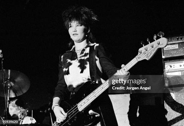 Kathy Valentine of The Go-Go's performs on stage at Brondyhallen supporting The Police on January 5th 1982 in Copenhagen, Denmark.