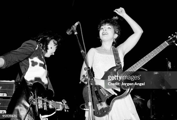Kathy Valentine and Jane Wiedlin of The Go-Go's perform on stage at Brondyhallen supporting The Police on January 5th 1982 in Copenhagen, Denmark.