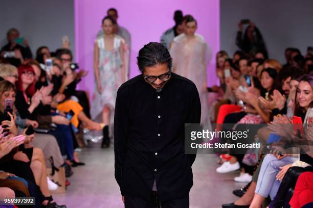 Designer Akira Isogawa thanks the audience following the Akira show at Mercedes-Benz Fashion Week Resort 19 Collections at Carriageworks on May 17,...