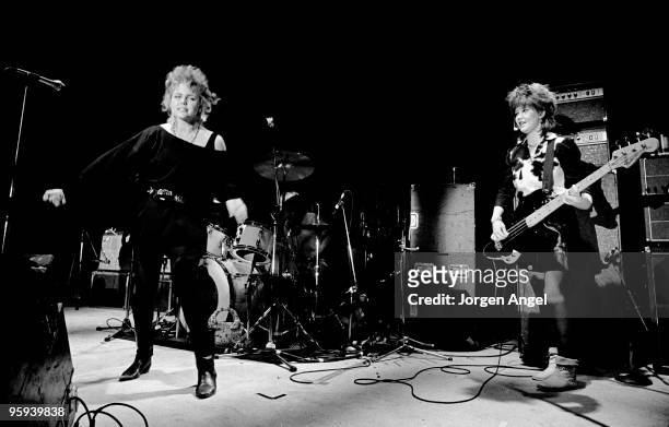 Belinda Carlisle and Kathy Valentine of The Go-Go's perform on stage at Brondyhallen supporting The Police on January 5th 1982 in Copenhagen, Denmark.
