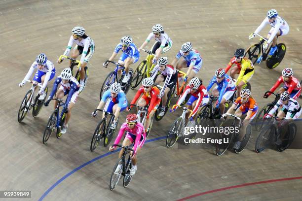 Cyclists compete in the Women's Scratch final during day one of the UCI Track Cycling World Cup at Laoshan Velodrome on January 22, 2010 in Beijing,...