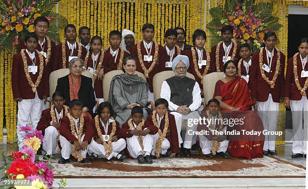 Prime Minister Manmohan Singh and wife Gursharan Kaur along with Sonia Gandhi at the National Bravery Awards to children on Thursday, January 21,...