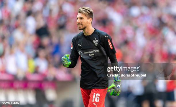 Goalkeeper Ron-Robert Zieler of VfB Stuttgart celebrates during the Bundesliga match between FC Bayern Muenchen and VfB Stuttgart at Allianz Arena on...