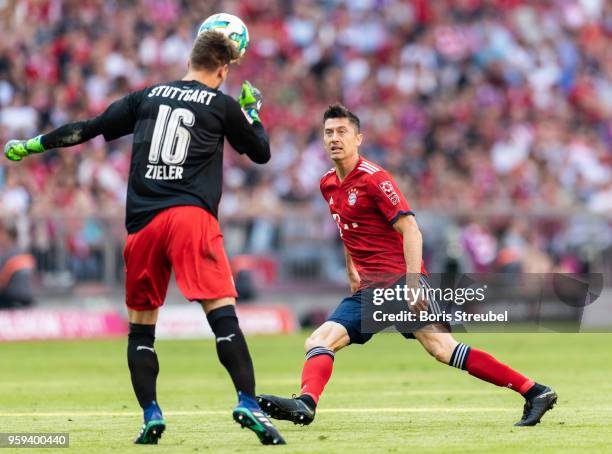 Goalkeeper Ron-Robert Zieler of VfB Stuttgart saves the ball with a header during the Bundesliga match between FC Bayern Muenchen and VfB Stuttgart...