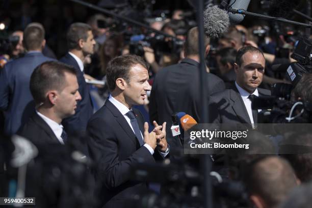 Emmanuel Macron, France's president, speaks to journalists as he arrives for a summit of European Union leaders in Sofia, Bulgaria, on Thursday, May...