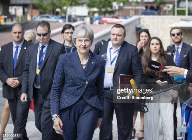 Theresa May, U.K. Prime minister, arrives for a summit of European Union leaders in Sofia, Bulgaria, on Thursday, May 17, 2018. EU leaders presented...