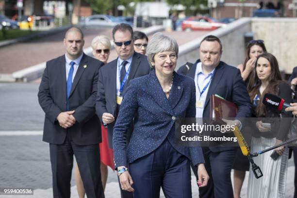 Theresa May, U.K. Prime minister, arrives for a summit of European Union leaders in Sofia, Bulgaria, on Thursday, May 17, 2018. EU leaders presented...