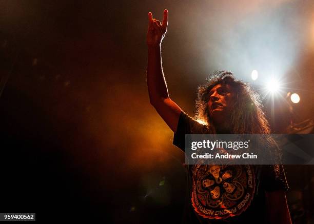 Musician Joey Belladonna of Anthrax performs on stage during a concert opening for Slayer's final world tour at Pacific Coliseum on May 16, 2018 in...