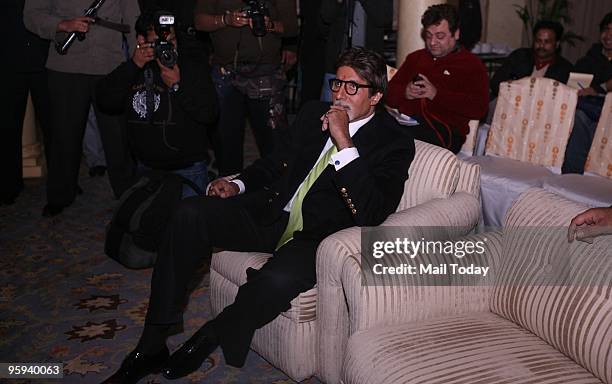 Bollywood actor Amitabh Bachchan during the press conference for his forthcoming film " Rann " in New Delhi on January 19, 2010. Amitabh Bachchan was...