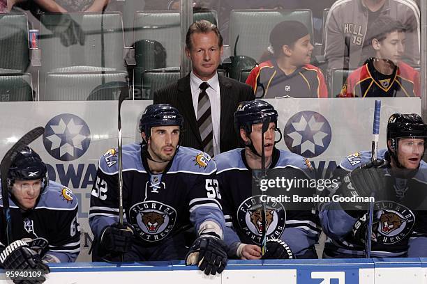 Assistant Coach Mike Kitchen of the Florida Panthers watches his players during the game against the Tampa Bay Lightning at the BankAtlantic Center...