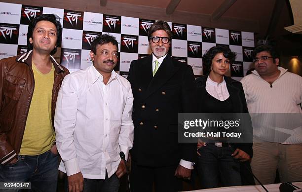 From left - Bollywood actor Ritesh Deshmukh, director Ram Gopal Verma, Amitabh Bachchan and Gul Panag during the press conference of their...