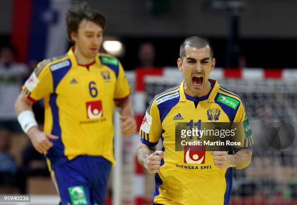 Dalibor Doder of Sweden reacts during the Men's Handball European Championship Group C match between Germany and Sweden at the Olympia Hall on...