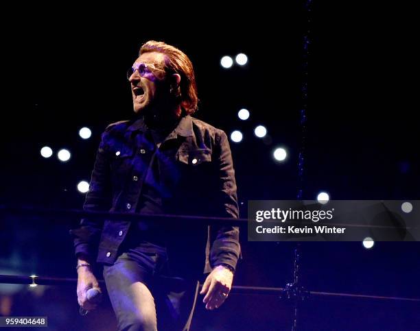 Bono of U2 performs at The Forum on May 16, 2018 in Inglewood, California.