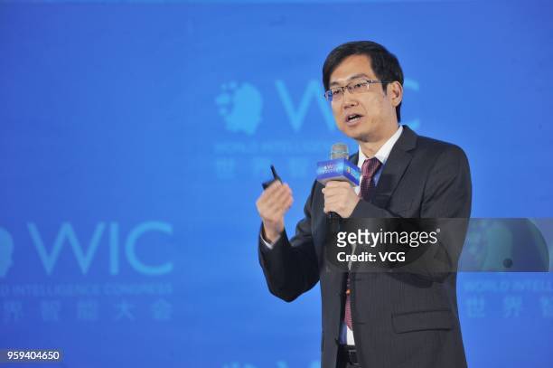 Vice President of Toutiao Ma Weiying delivers a speech during the 2nd World Intelligence Congress at Tianjin Meijiang Convention and Exhibition...