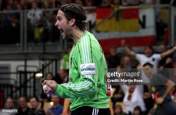 Silvio Heinevetter, goalkeeper of Germany celebrates during the Men's Handball European Championship Group C match between Germany and Sweden at the...