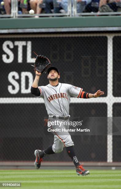 Gregor Blanco of the San Francisco Giants plays right field during a game against the Philadelphia Phillies at Citizens Bank Park on May 10, 2018 in...