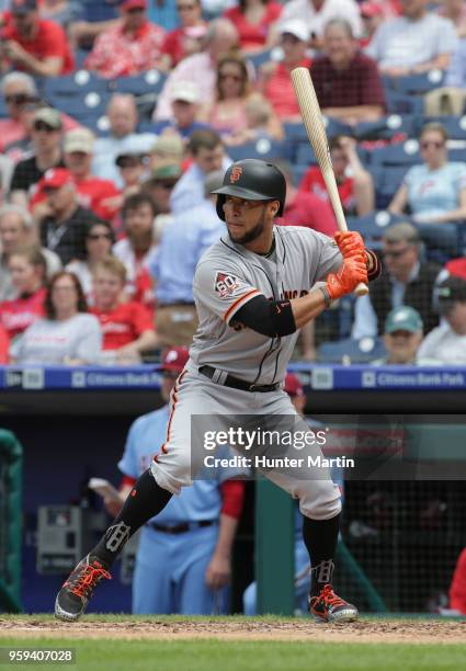 Gregor Blanco of the San Francisco Giants bats during a game against the Philadelphia Phillies at Citizens Bank Park on May 10, 2018 in Philadelphia,...