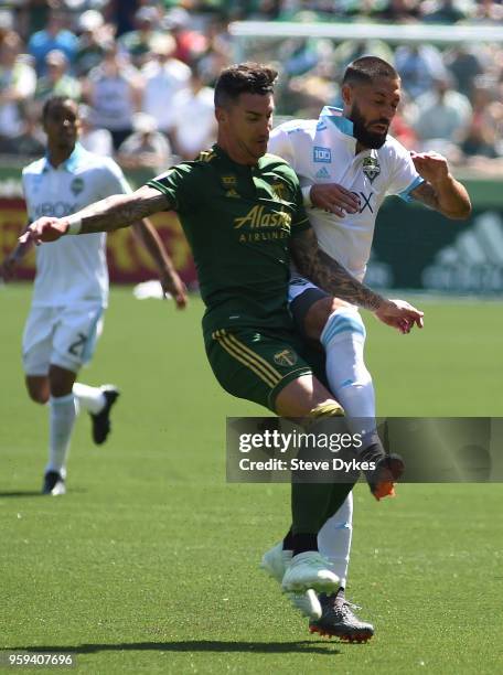 Clint Dempsey of Seattle Sounders goes after a ball against Liam Ridgewell of Portland Timbers during the second half of the match against the...