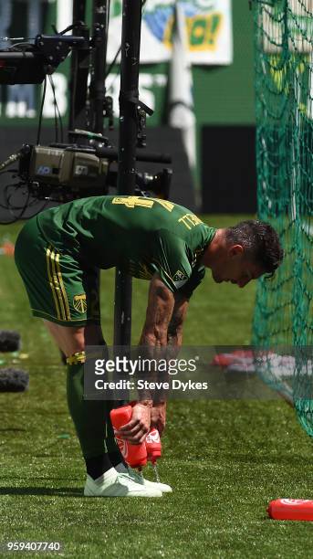 Liam Ridgewell of Portland Timbers cools off during the second half of the match against the Seattle Sounders at Providence Park on May 13, 2018 in...
