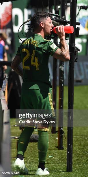 Liam Ridgewell of Portland Timbers cools off during the second half of the match against the Seattle Sounders at Providence Park on May 13, 2018 in...
