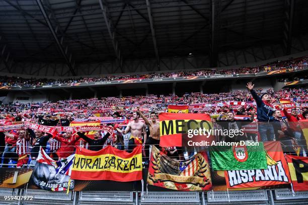 Fans of Atletico Madrid during the Europa League Final match between Marseille and Atletico Madrid at Groupama Stadium on May 16, 2018 in Lyon,...