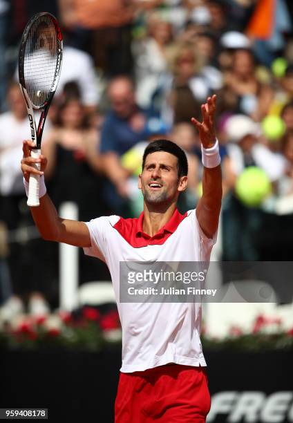 Novak Djokovic of Serbia celebrates defeating Nikoloz Basilashvili of Georgia during day four of the Internazionali BNL d'Italia 2018 tennis at Foro...