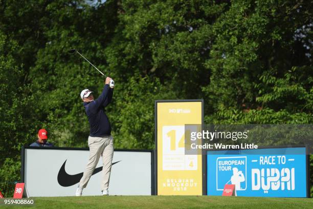 Marcus Fraser of Australia tees off the 14th during Day One of the Belgian Knockout at the Rinkven International Golf Club on May 17, 2018 in...