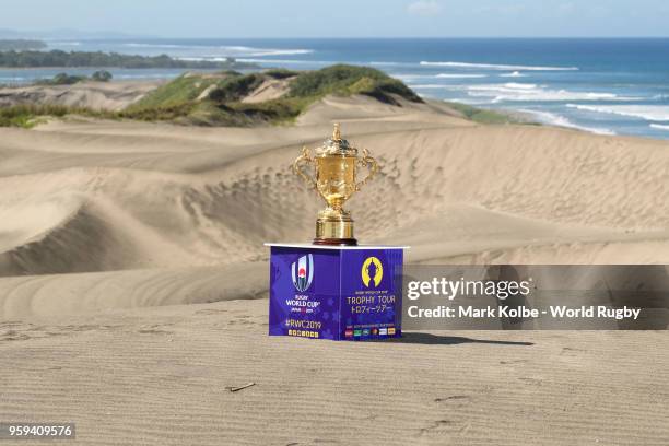 The Webb Ellis Cup is photographed at the The Sigatoka Sand Dunes National Park on May 17, 2018 in Sigatoka, Fiji.