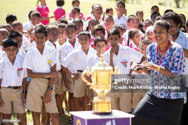 Students from the Kulu Kulu Public School view the Webb Ellis Cup at the Kulu Kulu Public School on May 17, 2018 in Sigatoka, Fiji.