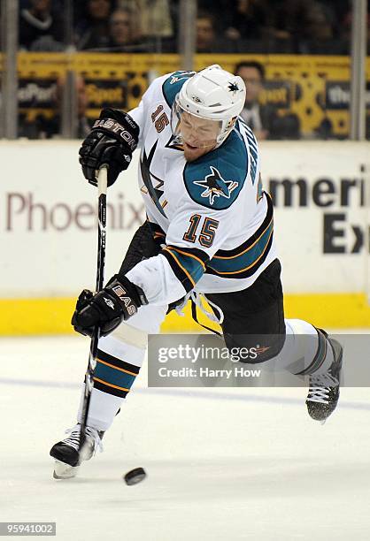 Dany Heatley of the San Jose Sharks takes a shot against the Los Angeles Kings during the game at Staples Center on January 19, 2010 in Los Angeles,...